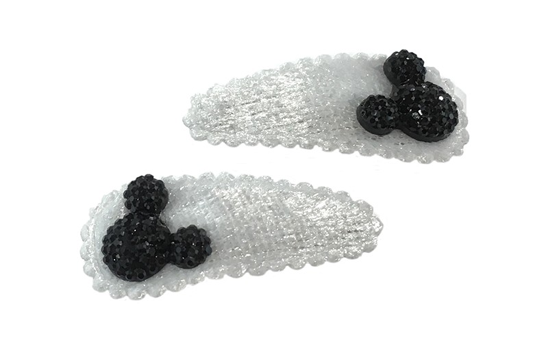 Leuk setje van 2 witte baby peuter haarspeldjes met op elk een zwarte mouse. 