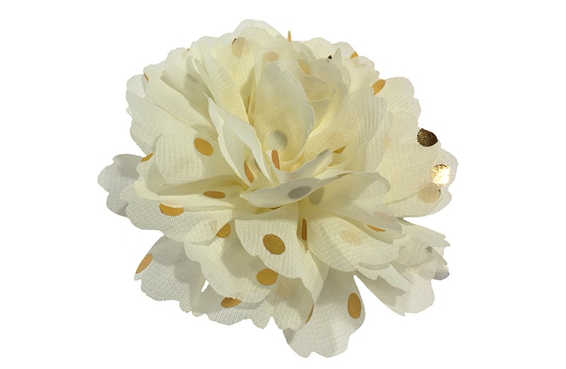 Vrolijke grote creme haarbloem van chiffon met gouden stipjes. 
Op een handig knipje met kleine tandjes van ongeveer 5 centimeter. Half bekleed met creme lint. 
