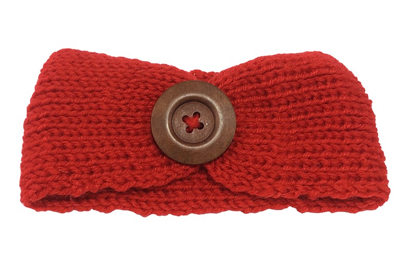 Mooie gehaakte baby haarband rood met bruine houten knoop. Lekker warm deze winter voor de kleine meisjes. 