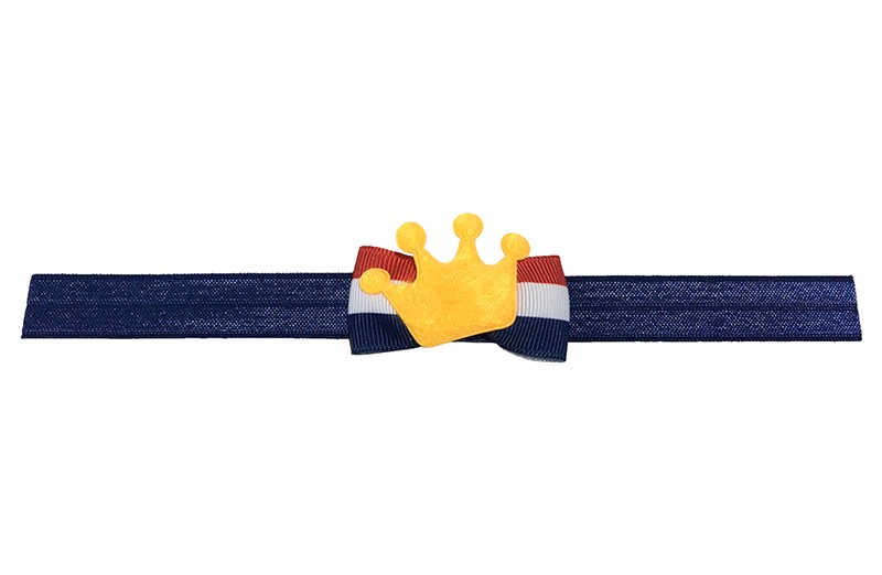 Leuk donkerblauw baby, peuter haarbandje met een rood, wit, blauw vlaggetje en een oranje kroontje. 
Het haarbandje is van goed rekbaar elastiek, geschikt tot en met ongeveer 3 jaar. 