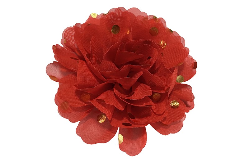 Vrolijke grote rode haarbloem van chiffon met gouden stipjes. 
Op een handig knipje met kleine tandjes van ongeveer 5 centimeter. Half bekleed met rood lint.