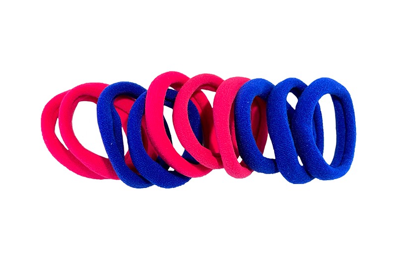 Handig setje van 10 middel grote haarelastiekjes. 
In de vrolijke kleurtjes blauw en roze. 