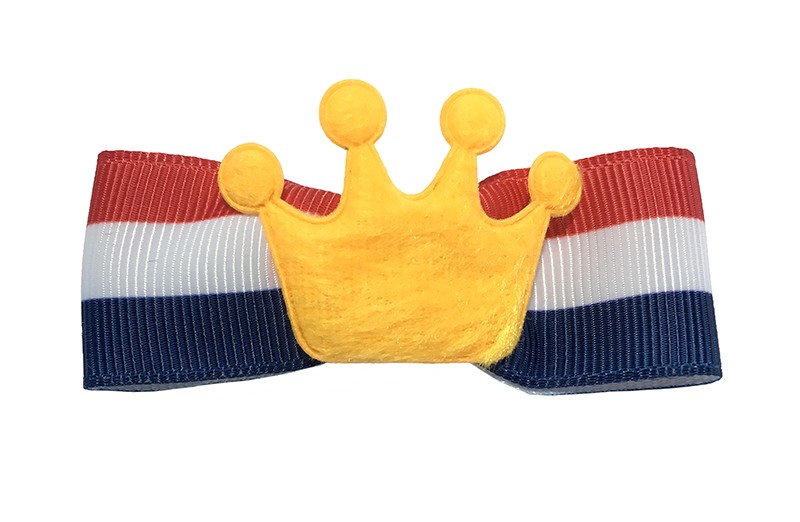 Vrolijk haarknipje met een rood wit blauw strikje en een oranje kroontje. Op een alligator knipje van ongeveer 5.5 centimeter. 