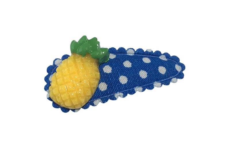 Vrolijk blauw peuter kleuter haarspeldje met witte stippeltjes. Met een geel groen ananas steentje. 