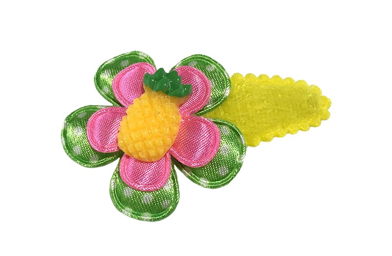 Vrolijk fel geel peuter meisjes haarspeldje. 
Met een licht groen gestippeld bloemetje en een fel roze bloemetje. 
Afgewerkt met een ananas steentje. 