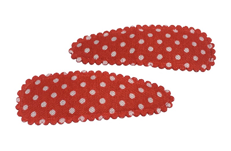 Vrolijk setje van 2 rode peuter kleuter haarspeldjes met witte stippeltjes. 