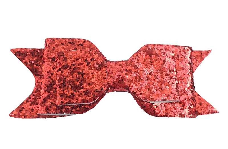 Mooie rode glitter haarstrik. Op een gebogen haarspeld. De haarspeld, het gedeelte dat in het haar vast klikt, is ongeveer 5 centimeter. 