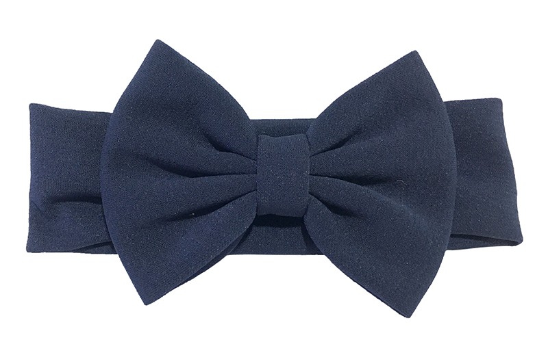 Vrolijke donkerblauw stoffen baby peuter meisjes haarband. 
Van rekbare stof met een grote stoffen strik.
De strik is ongeveer 12 centimeter breed.